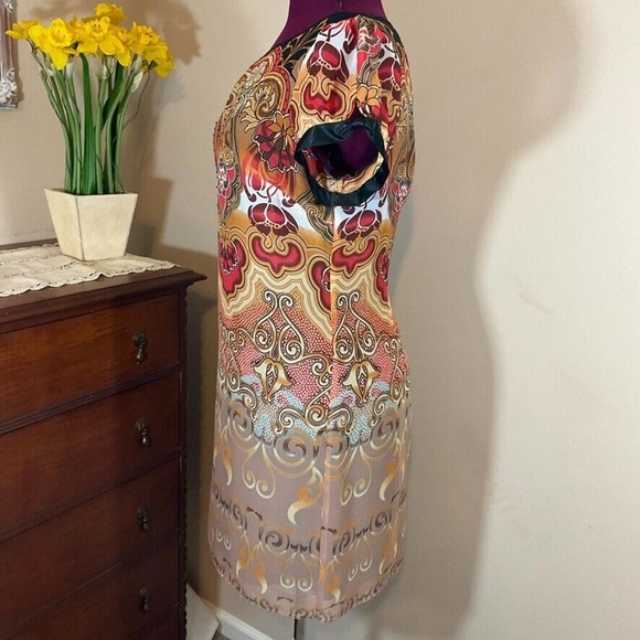 CATO Tropical Chiffon Dress Gold Red Browns Shortsleeved Lined Size 14 - Picture 6 of 16
